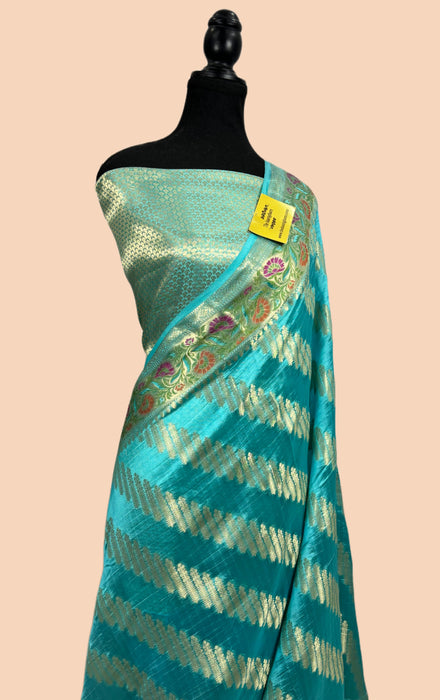 Teal Blue Pure Dupion Banarasi Handloom Saree