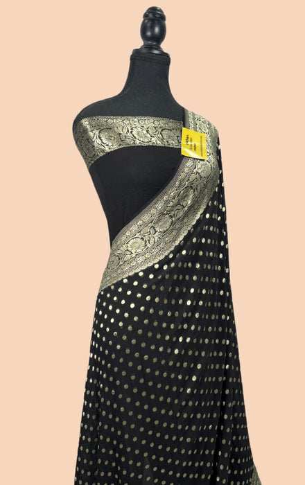 Black Khaddi Georgette Banarasi Handloom Saree - Water Zari