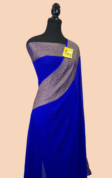 Blue Pure Khaddi Georgette Banarasi Handloom Saree - Antique Zari
