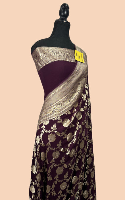 Spanish Brown Khaddi Georgette Banarasi Handloom Saree - Water Zari
