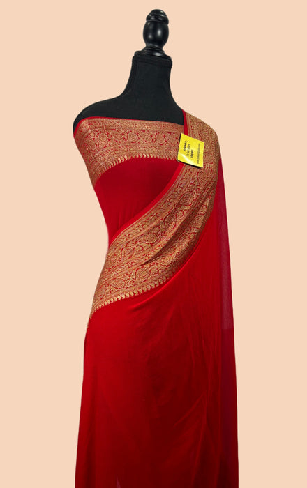 Red Pure Khaddi Georgette Banarasi Handloom Saree - Antique Zari