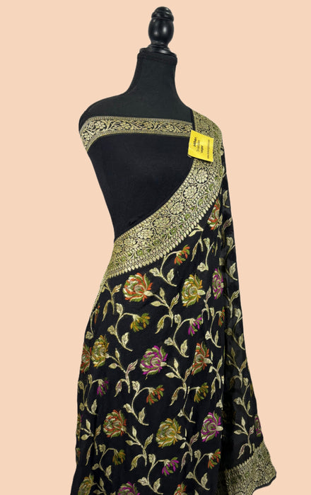 Black Pure Khaddi Chiffon Banarasi Saree - Meenakari Work