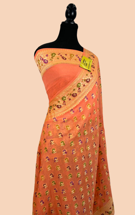 Old Rose Pure Khaddi Chiffon Banarasi Saree