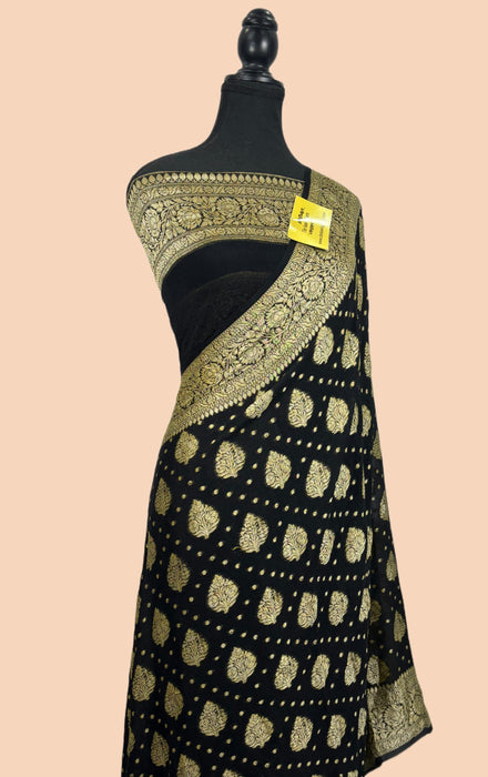Black Pure Khaddi Chiffon Banarasi Saree