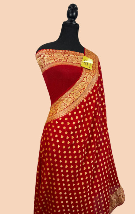 Red Pure Khaddi Chiffon Banarasi Saree