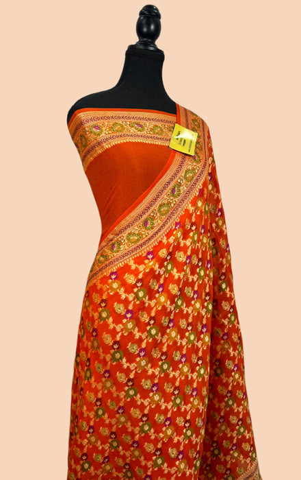 Orange Pure Khaddi Chiffon Banarasi Saree