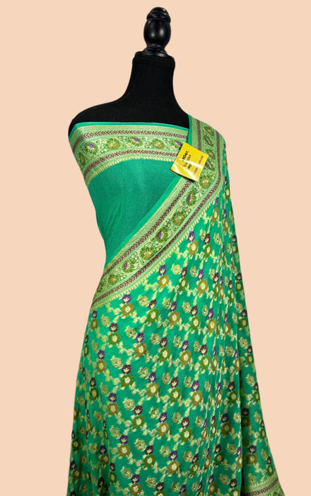 Haze Green Pure Khaddi Chiffon Banarasi Saree