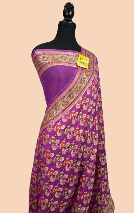 Lavender Pure Khaddi Chiffon Banarasi Saree