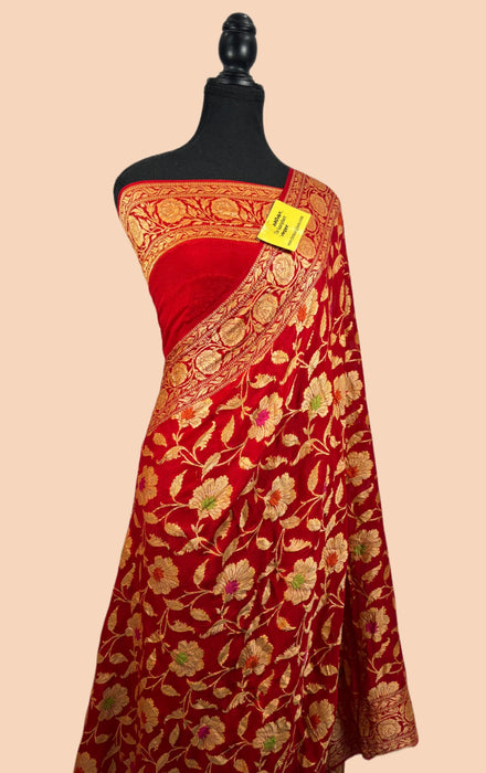 Red Pure Khaddi Chiffon Banarasi Saree