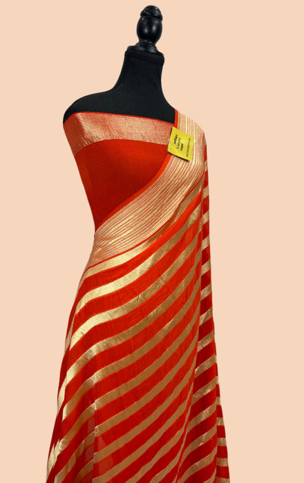 Spanish Orange Pure Khaddi Georgette Banarasi Handloom Saree - Water Zari