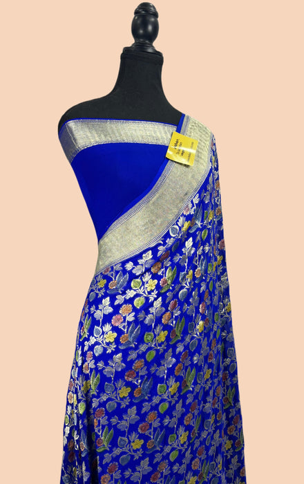 Royal Blue Khaddi Georgette Banarasi Handloom Saree - Meenakari