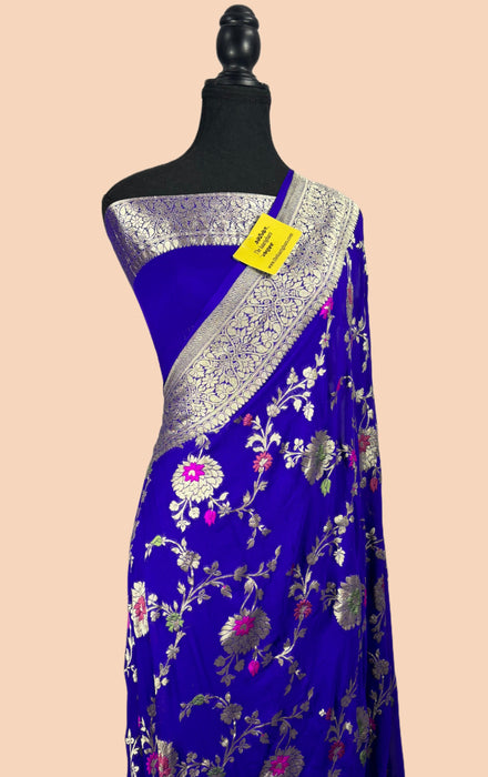 Italian Blue Khaddi Georgette Banarasi Handloom Saree - Meenakari