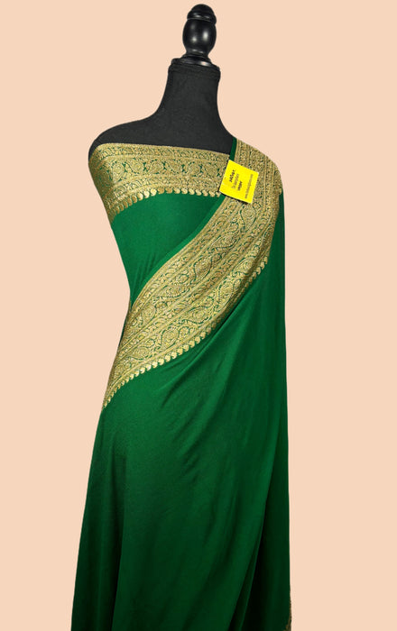 Bottle Green Pure Khaddi Georgette Banarasi Handloom Saree - Antique Zari