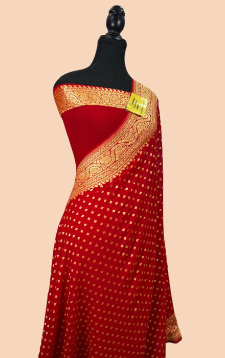 Red Khaddi Georgette Banarasi Handloom Saree - Gold Zari