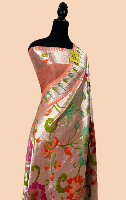 Peach Pure Tussar Georgette Banarasi Handloom Saree - Paithani