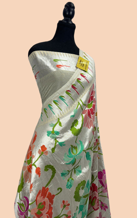 White Pure Tussar Georgette Banarasi Handloom Saree - Paithani