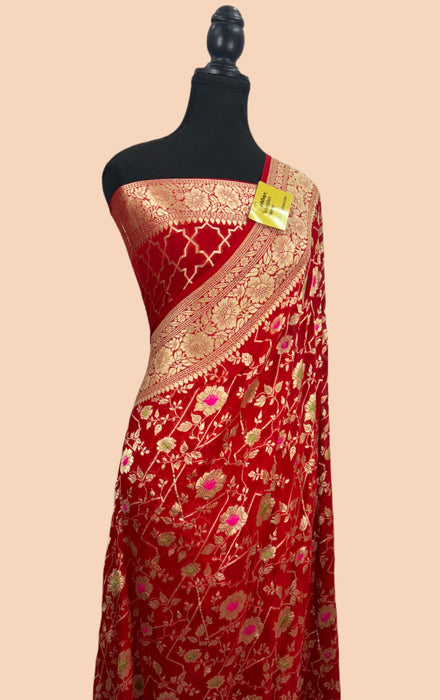 Red Pure Khaddi Georgette Banarasi Handloom Saree - Meenakari