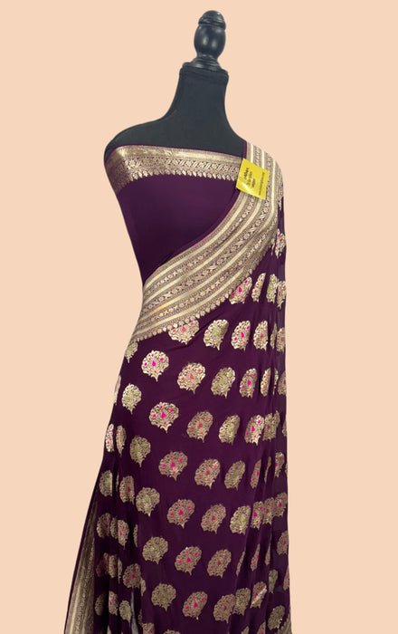 Wine Pure Khaddi Georgette Banarasi Handloom Saree