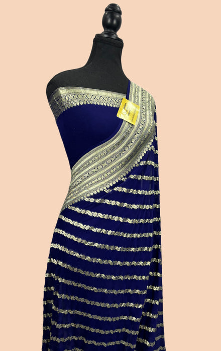 Navy Blue Khaddi Georgette Banarasi Handloom Saree - Water Zari