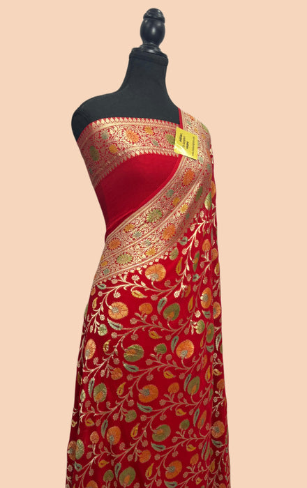 Red Khaddi Georgette Banarasi Handloom Saree - Hand Meenakari
