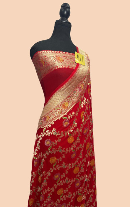 Red Khaddi Georgette Banarasi Handloom Saree - Hand Meenakari
