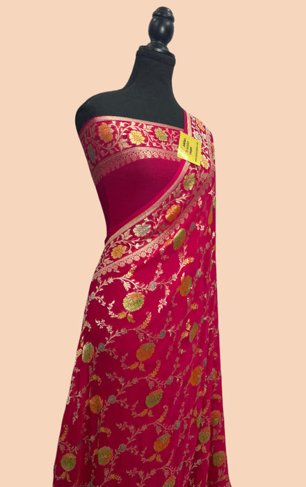 Rani Khaddi Georgette Banarasi Handloom Saree - Hand Meenakari
