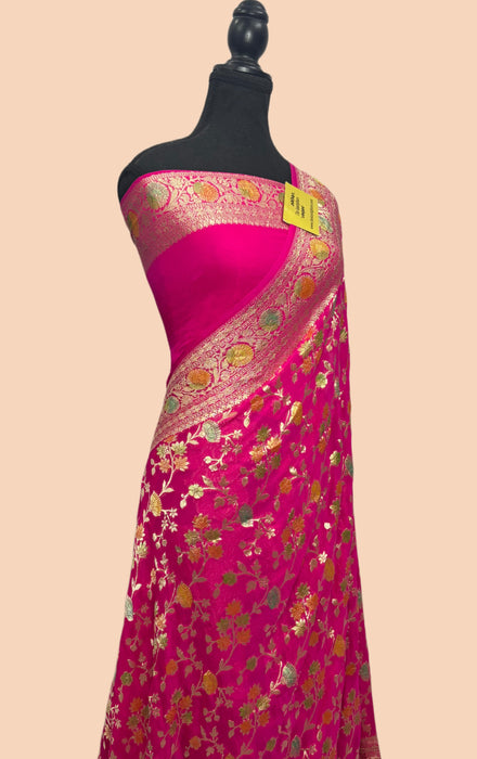 Rani Khaddi Georgette Banarasi Saree - Hand Meenakari
