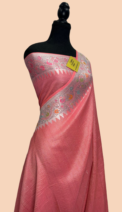Peach Pure Tussar Georgette Banarasi Handloom Saree - Paithani