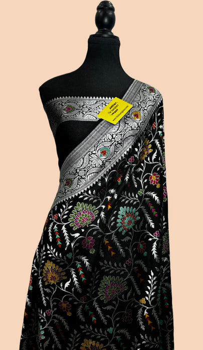 Black Pure Tussar Georgette Banarasi Handloom Saree - Paithani