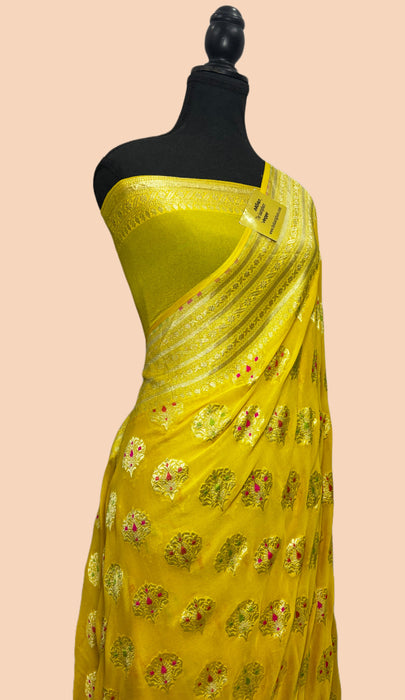 Yellow Khaddi Georgette Banarasi Handloom Saree - Meenakari