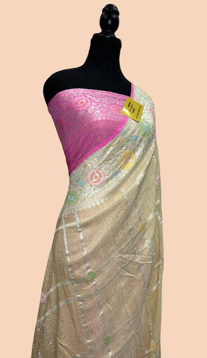 Pink Pure Tussar Georgette Banarasi Handloom Saree - Paithani