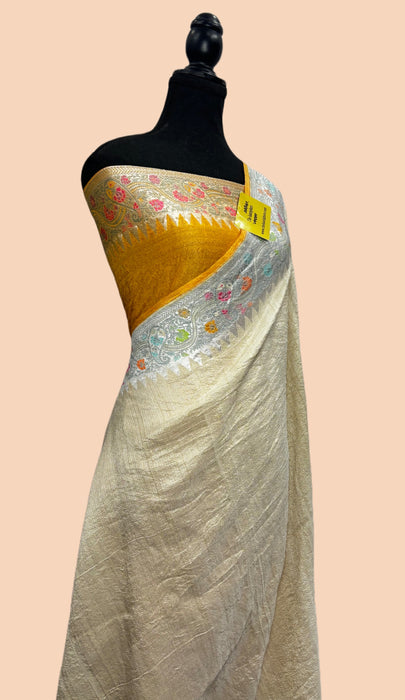 Gold Pure Tussar Georgette Banarasi Handloom Saree - Paithani