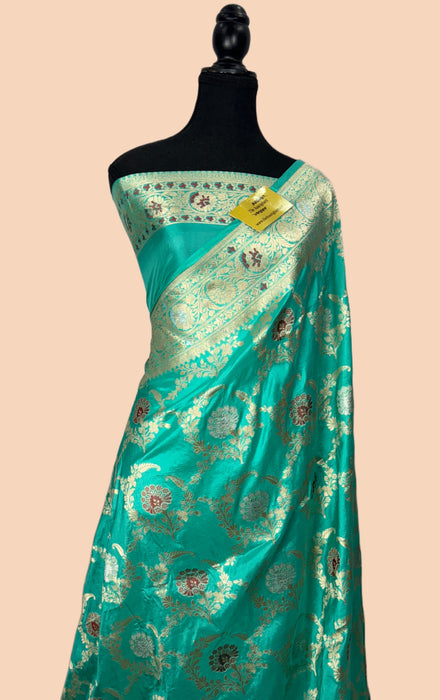 Sea Blue Pure Katan Silk Banarasi Handloom Saree - Roopa Meenakari Jaal Work