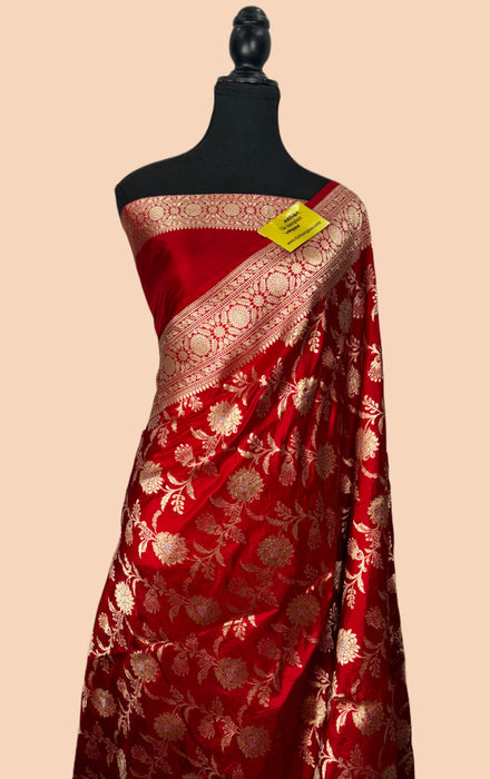 Red Whale Pure Katan Banarasi Handloom Saree - Sona Roopa Jaal Work