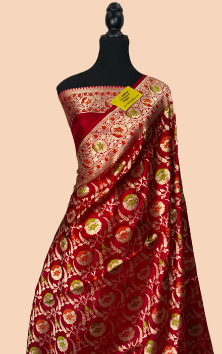 Maroon Pure Katan Banarasi Handloom Saree - Sona Meenakari