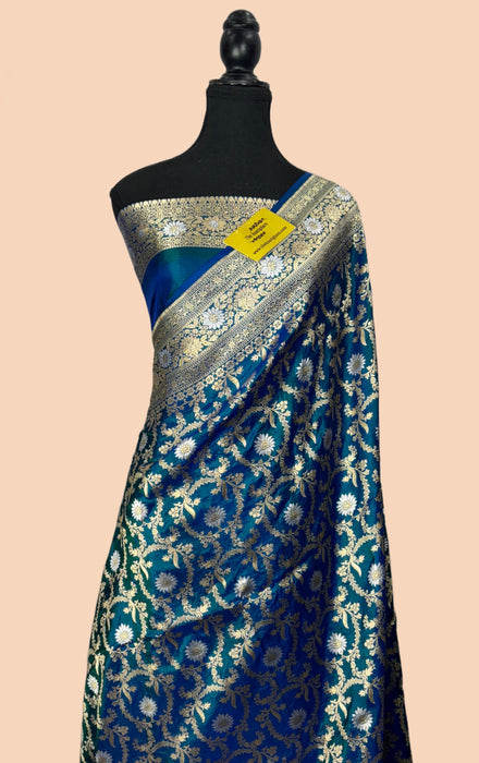 Blue Whale Pure Katan Banarasi Handloom Saree - Sona Roopa Jaal Work