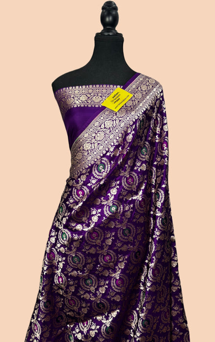 Dark Purple Pure Katan Silk Banarasi Handloom Saree - Sona Meenakari