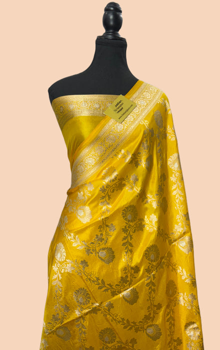 Yellow Pure Katan Silk Banarasi Handloom Saree - Sona Roopa Jaal Work