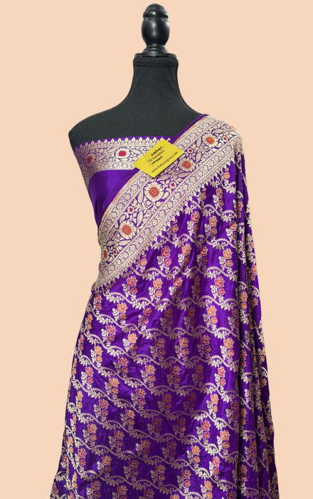 Spanish Purple Pure Katan Silk Banarasi Handloom Saree - Sona Roopa Meenakari