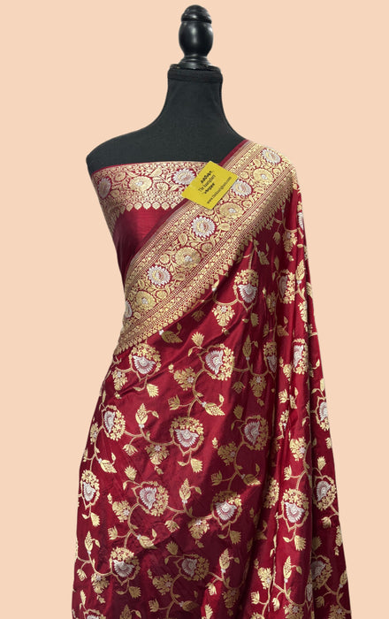 Maroon Pure Katan Silk Banarasi Handloom Saree - Sona Roopa Jaal Work
