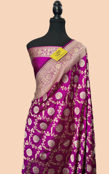 Dark Purple Pure Katan Silk Banarasi Handloom Saree - Sona Roopa Jaal Work