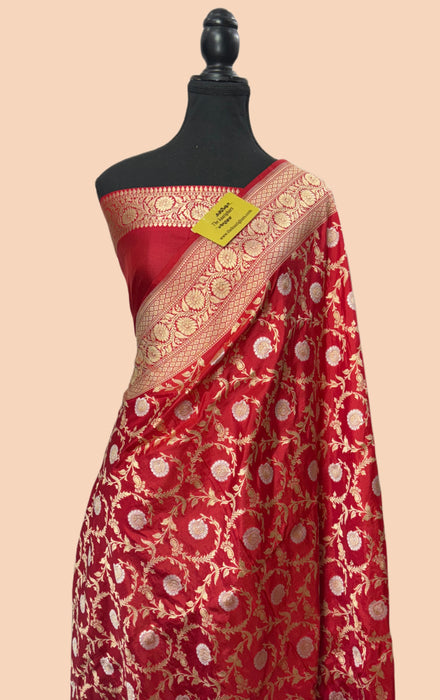 Red Pure Katan Silk Banarasi Handloom Saree - Sona Roopa Jaal Work