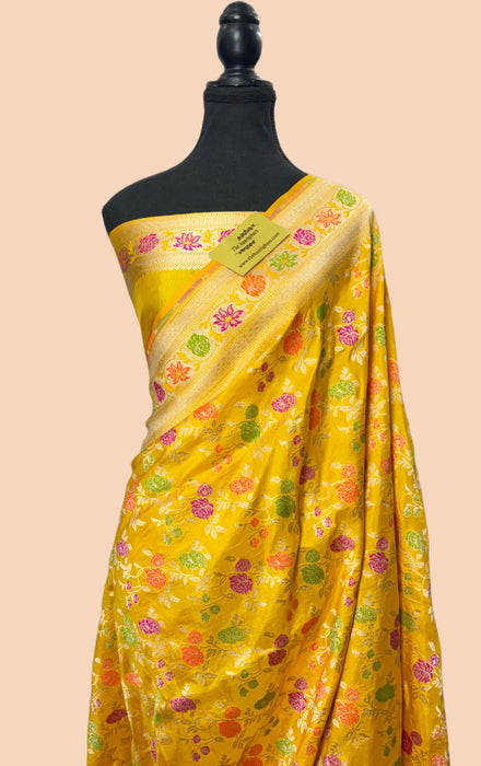Yellow Pure Katan Silk Banarasi Handloom Saree - Sona Meenakari