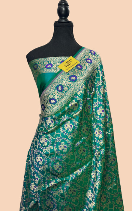 German Blue Pure Katan Silk Banarasi Handloom Saree - Sona Meenakari