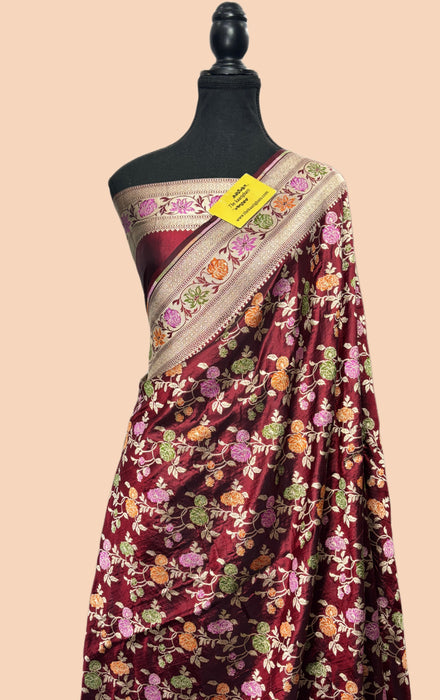 Dark Scarlet Pure Katan Silk Banarasi Handloom Saree - Sona Meenakari