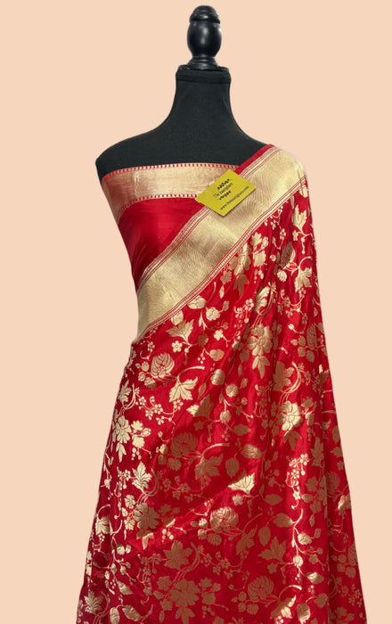 Red Pure Katan Silk Banarasi Handloom Saree - Kadhwa Jaal Work