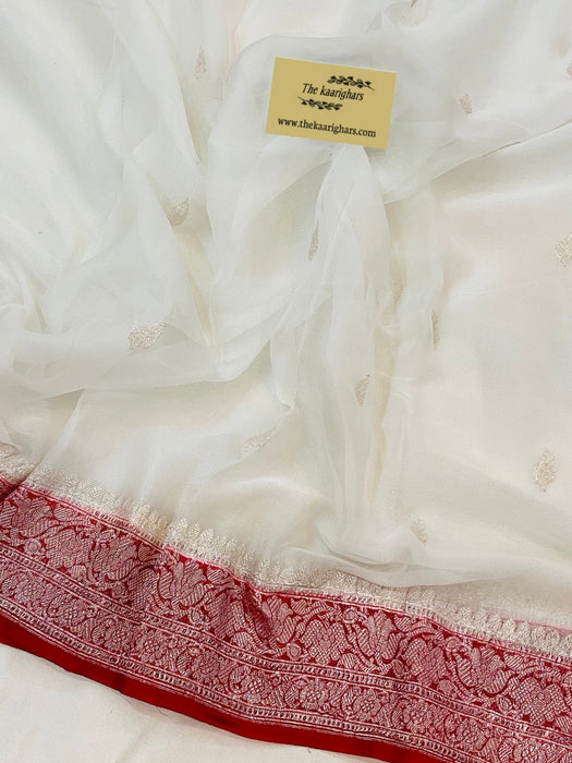Red White Pure Kadhwa Chiffon Georgette Banarasi Saree