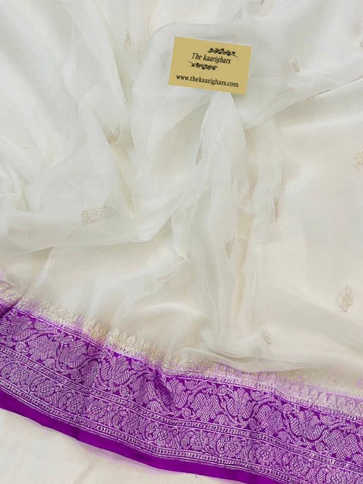 White Purple Pure Kadhwa Chiffon Georgette Banarasi Saree
