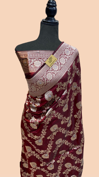 Spanish Maroon Pure Katan Banarasi Handloom Saree - Sona Roopa Jaal Work