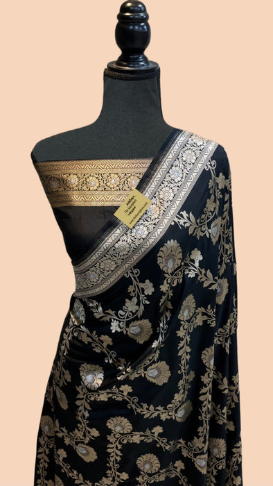 Black Pure Katan Banarasi Handloom Saree -Sona Roopa Jaal Work